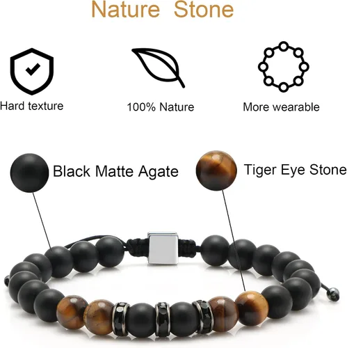 Miniatura 7 de JoycuFF Pulseras curativas de ojo de tigre para hombres, 0.315 pulgadas, piedra de ágata negra mate para padre, hermano, hijo, novio
