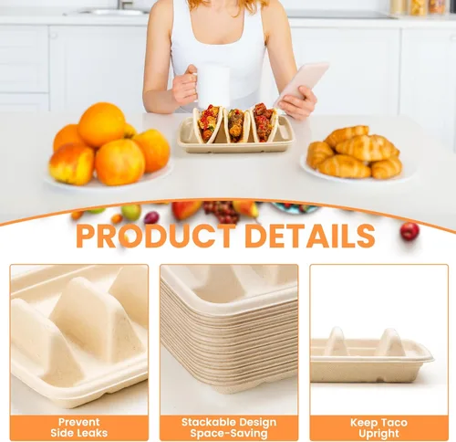 Miniatura 2 de 25 soportes desechables para tacos para fiestas, platos de taco de fibra de pulpa de bagazo con 3 divisores, soporte para bandeja de tacos