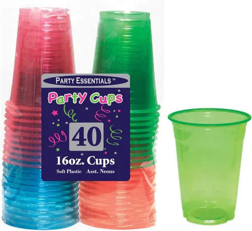 Miniatura 2 de Party Essentials Vasos de plástico suave de 16 onzas para fiesta, 40 unidades, colores neón surtidos