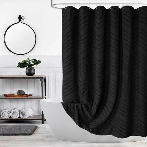 Cortina de ducha bohemia negra, moderna, de tela, estilo shabby chic, de felpilla, con capitoné, textura de cheurón y rayas, minimalista, de 72 x 72