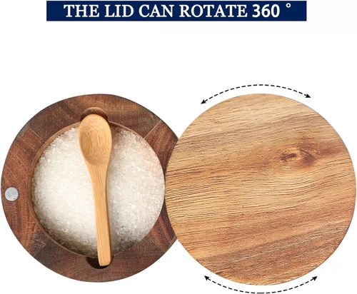 Miniatura 3 de Caja de especias de madera de acacia con cubierta giratoria para encimera de cocina, conservador de sal con cuchara integrada, moderno decorador