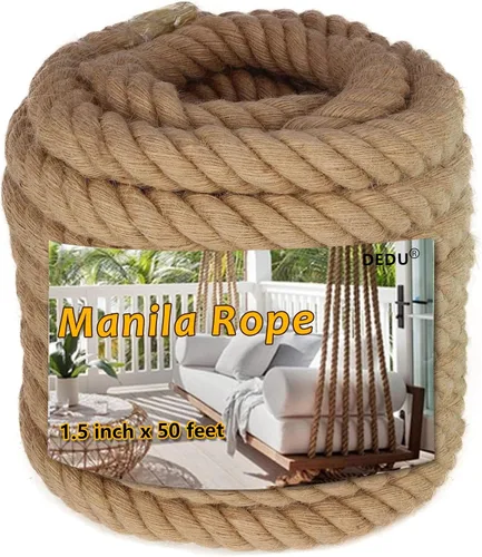 Miniatura 34 de Cuerda de Manila de 2 pulgadas x 50 pies, cuerda de cáñamo gruesa de 4 hebras trenzadas, cáñamo natural para manualidades de servicio pesado