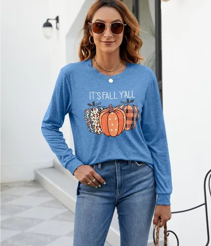 Miniatura 7 de Sudaderas con estampado de calabaza para mujer, cuello redondo, casual, manga larga para otoño