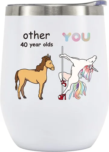 Crisky Regalos de cumpleaños número 40 para mujeres amigas, regalos de cumpleaños 40 para mujeres, vaso de vino de unicornio divertido de 12 onzas