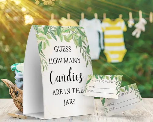 Miniatura 3 de Cuántos caramelos hay en el frasco, juegos de baby shower de vegetación, baby shower con temática de vegetación - un letrero y 50 tarjetas (GES07)