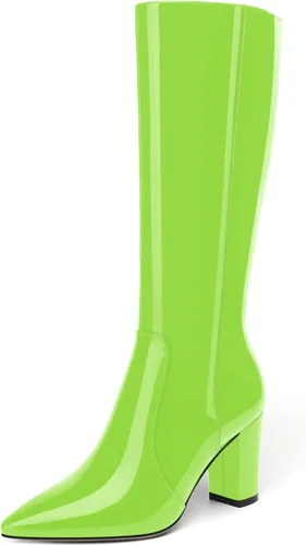 Miniatura 85 de AMBELIGHT Botas altas hasta la rodilla con cremallera y puntera puntiaguda para mujer, de patente sólida, tacón alto, 3.3 pulgadas