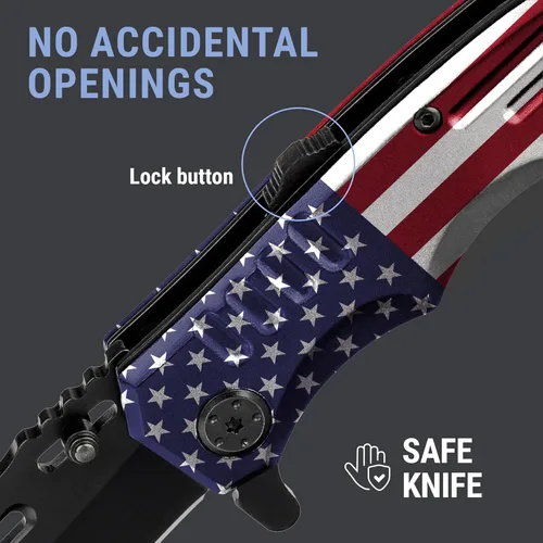 Miniatura 4 de Navaja de bolsillo asistida por resorte, plegable, estilo militar, para niños exploradores, cuchillo táctico ideal para acampar, caza, 3. Bandera