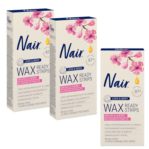 Nair Tiras depiladoras listas para piernas y cuerpo, kit de depilación sin ensuciar para depilación, paquete de 3 tiras de cera, 40 unidades cada