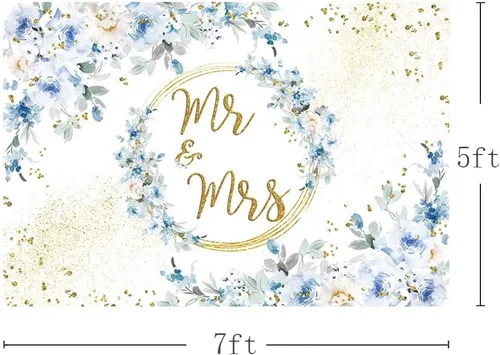 Miniatura 3 de MEHOFOND Telón de fondo floral azul de 7 x 5 pies para decoración de fiesta de compromiso para parejas, bodas, puntos dorados con purpurina, fondo