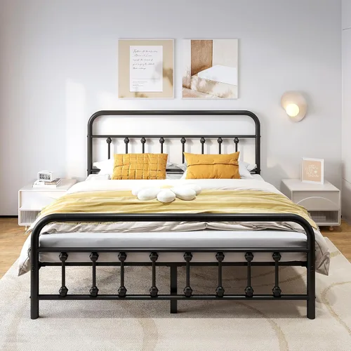 Vengarus Base de cama de metal, marco de cama tamaño Queen con cabecero, estructuralmente estable, listones de acero resistente, almacenamiento