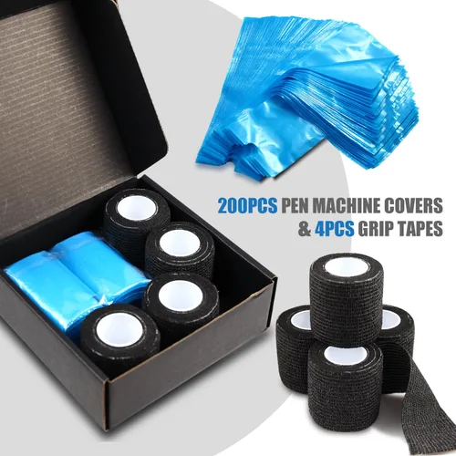 Miniatura 2 de Cubiertas para máquinas de bolígrafos y cintas de agarre, 200 piezas de cubiertas para máquinas de tatuaje con 4 fundas de agarre de 7.5 x 2.7