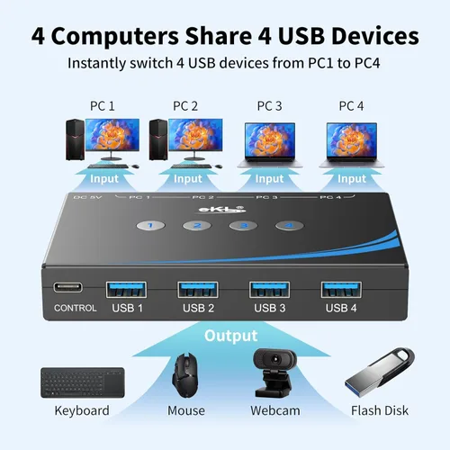 Miniatura 2 de eKL interruptor USB 3.0 para compartir periféricos entre 4 computadoras, interruptor USB de 4 puertos para compartir ratón, teclado, escáner