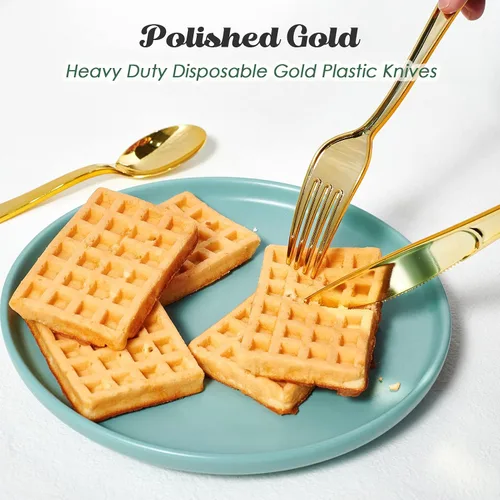 Miniatura 4 de FOCUSLINE Paquete de 300 cucharas desechables de plástico dorado de 6.8 pulgadas, cucharas de plástico sólido y duradero, cubiertos desechables