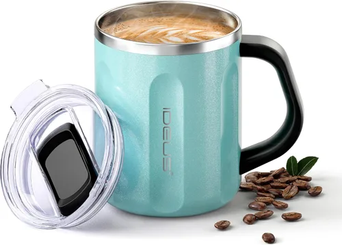 Miniatura 24 de Ideus Taza de café aislada de 16 onzas con asa y tapa, taza de café térmica al vacío de acero inoxidable de doble pared, taza de café de viaje