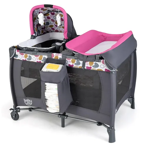 Miniatura 13 de BABY JOY 4 en 1 Pack and Play, corralito portátil para bebé con moisés y mesa cambiadora de pañales, moisés infantil centro de actividades para cuna