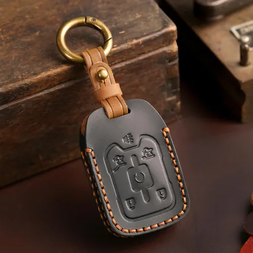Miniatura 3 de Funda de llave de cuero de 6 botones, compatible con GMC Yukon Chevy Suburban Tahoe 2015-2020 etc, diseño sin tornillos estilo retro protector