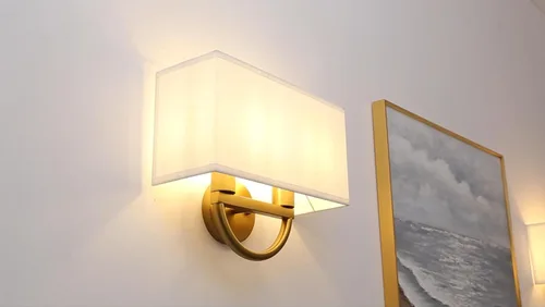Miniatura 3 de Yosoan Aplique de pared de latón envejecido bohemio de tela blanca, lámpara de pared dorada con 2 luces para interiores, cableado doble, montaje