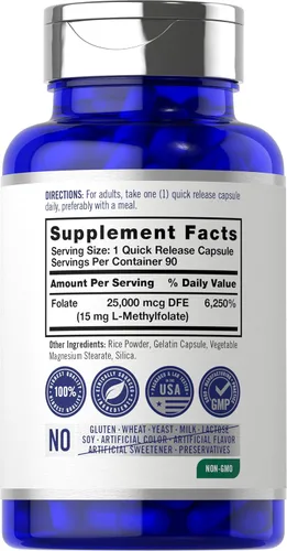 Miniatura 2 de Carlyle L Metilfolato 15mg 90 cápsulas Potencia máxima Optimizado y activado Sin OMG, sin gluten Folato de metilo, 5-MTHF por Opti-Folate