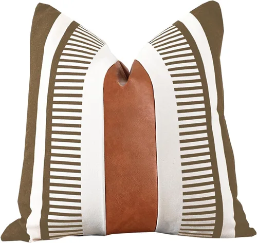 Miniatura 32 de Funda de almohada bohemia de color blanco y negro con piel, funda de cojín moderna de 22 x 22 pulgadas, funda de almohada de rayas estilo campestre