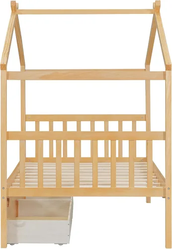 Miniatura 8 de JIVOIT Cama de plataforma de madera con dos cajones, cama de casa tamaño individual con diseño de techo, patas de pino macizo, cabecera y estribo