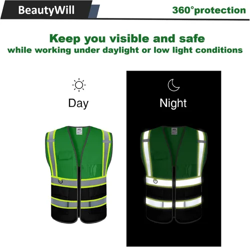 Miniatura 6 de BeautyWill Chaleco de seguridad, paquete de 10 chalecos reflectantes de alta visibilidad clase 2 con 5 bolsillos, chaleco de construcción, normas