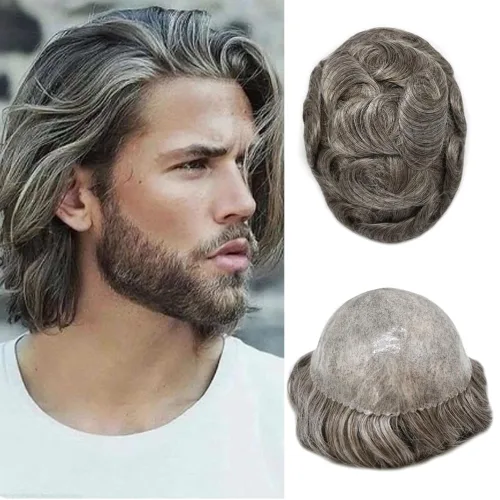 Miniatura 29 de Sistema de cabello humano tipo tupé para hombre, tupé gris, piezas de cabello completo de poliéster para hombres, tupé de inyección de poliuretano