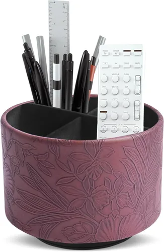 Miniatura 75 de Organizador Redondo de Cuero para Suministros de Arte, Soporte para Control Remoto, Rotación de 360 Grados, Soporte Multifuncional para Lápices