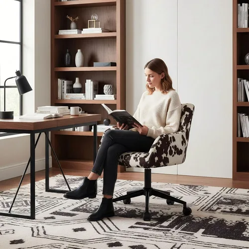 Miniatura 8 de VESCASA Silla de escritorio ajustable para oficina en casa con respaldo cómodo, sillón tapizado giratorio de lino 360 con ruedas para dormitorio