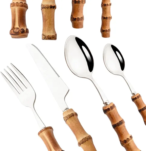 Miniatura 7 de Juego de cubiertos de bambú para 6, 24 piezas de cubiertos de acero inoxidable con mango de bambú natural, juego de cubiertos dorados, espejo, apto