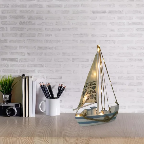 Miniatura 6 de Modelo de velero de madera, mini LED náutico, conchas náuticas, estatuilla de barco de vela de madera, decoración para el hogar, escritorio