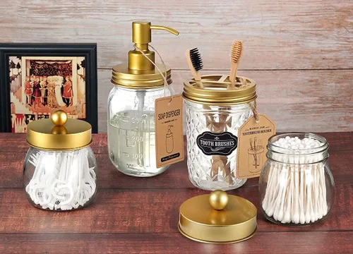 Miniatura 9 de Amolliar Juego de accesorios de baño de 4 piezas y 2 tarros de masón dorados, 3 dispensadores de jabón de loción y 2 soportes para hisopos