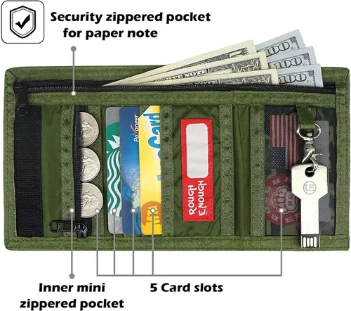 Miniatura 4 de Rough Enough - Cartera para niños con cordón para adolescentes y niños, con cremallera, monedero de nailon verde militar
