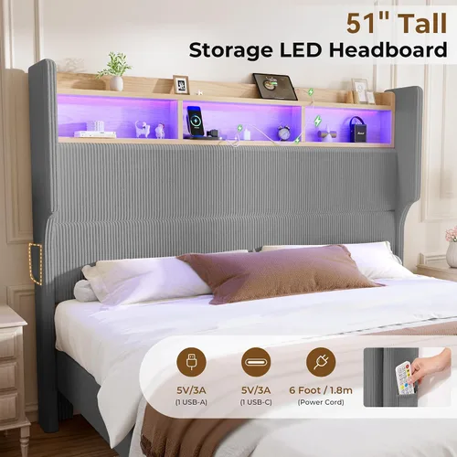 Miniatura 3 de HOMRELEXA Base de cama tamaño matrimonial para niñas con cabecera de 51 pulgadas de alto, luces LED y estación de carga, plataforma tapizada de pana