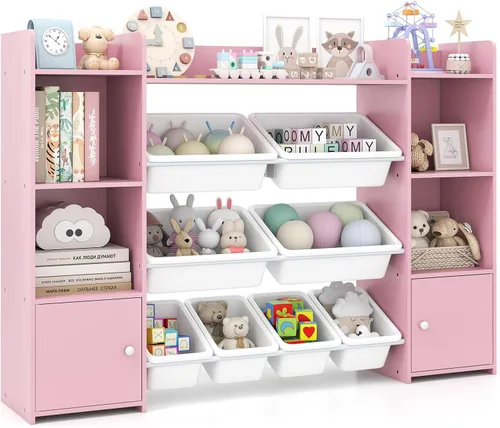 HONEY JOY Organizador de almacenamiento de juguetes para niños, armario de almacenamiento de piso de madera con 8 contenedores extraíbles, estante