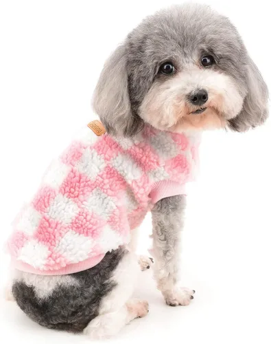 Miniatura 7 de Zunea Abrigo mullido para perros pequeños, hembras y niños, chaqueta de invierno de forro polar cálido, abrigo a cuadros, ropa mullida para Rosado