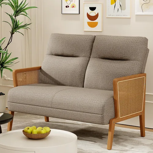 Miniatura 9 de Love Seat - Sofá pequeño tapizado con reposabrazos de ratán natural, respaldo, sofá biplaza para sala de estar, dormitorio, color beige