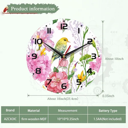 Miniatura 2 de Reloj de pared con pilas, reloj de pájaro para sala de estar, flores de acuarela, reloj de pared decorativo para sala de estar, dormitorio, baño