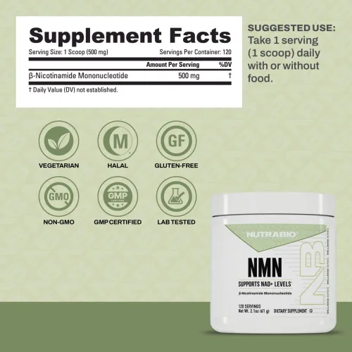 Miniatura 2 de NutraBio NMN - Suplemento NAD, apoyo a la longevidad, aumenta los niveles de NAD, incrementa la energía celular, salud cerebral, envejecimiento