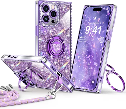 Miniatura 57 de XYZ Funda para iPhone 13, con purpurina brillante con soporte de corazón de 2 anillos y cordón, funda protectora a prueba de golpes con diamantes