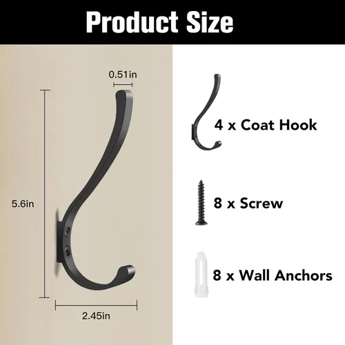 Miniatura 2 de Dntorx Paquete de 4 ganchos de pared, ganchos negros grandes de 5.6 pulgadas, ganchos negros de montaje en pared, ganchos de metal para toallas