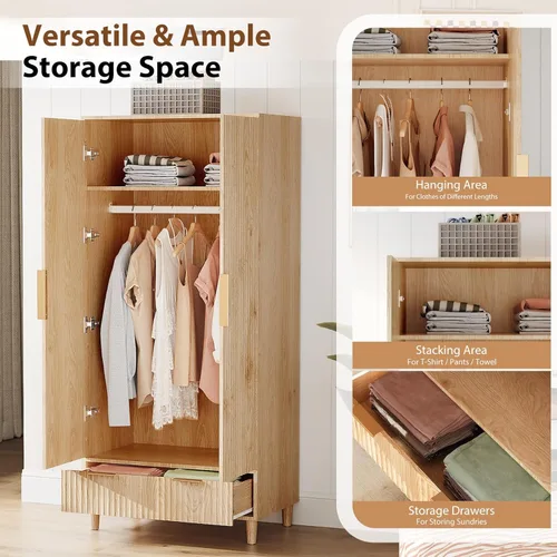 Miniatura 4 de VINGLI Armario Ropero Acanalado con Puertas y Cajones, Gabinete Armario con Barra para Colgar, Armario de Dormitorio de Madera de Roble, Armario