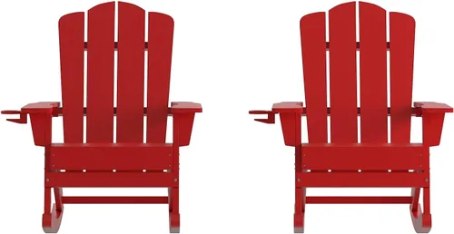 Miniatura 15 de Flash Furniture Newport Adirondack - Silla mecedora con soporte para tazas, resistente a la intemperie, de poliresina Adirondack, color rojo