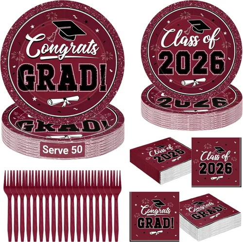 Miniatura 15 de QZYL 200 suministros para fiesta de graduación 2026, platos y servilletas de graduación negros y dorados, platos de postre desechables y tenedores
