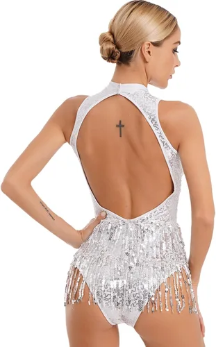 Miniatura 4 de winying Leotardo de baile de jazz latino con borlas de lentejuelas brillantes para mujer