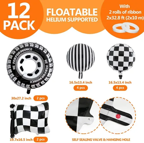 Miniatura 7 de 12 globos de aluminio de automóvil de carreras blanco y negro, globos a cuadros con bandera a cuadros y globos de neumáticos de rueda caliente