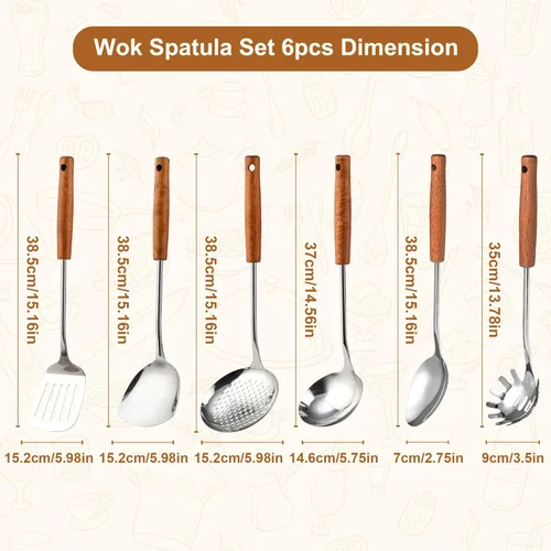 Miniatura 2 de FJNATINH Juego de utensilios de cocina de acero inoxidable con mango de madera, antiadherente, juego de utensilios de cocina de acero inoxidable