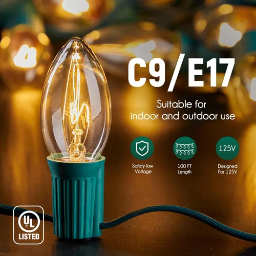 Miniatura 5 de Brightown Tira de luces C9, tira de luces de Navidad para exteriores de 100 pies con 100 enchufes para decoración de Navidad, patio, enchufe de luz