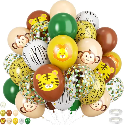 Globos de animales, 60 globos de fiesta de 12 pulgadas, color verde y marrón crema, globos estampados de guepardo de animales para decoración de