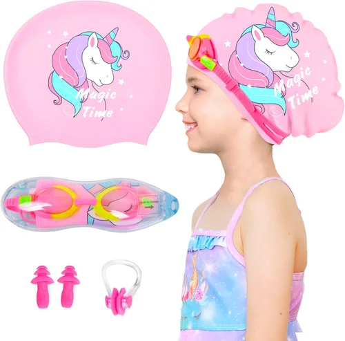 Miniatura 10 de Gorros de natación para niñas (de 2 a 6 años), gorro de natación de silicona impermeable duradero para cabello corto con gafas de natación, tapón