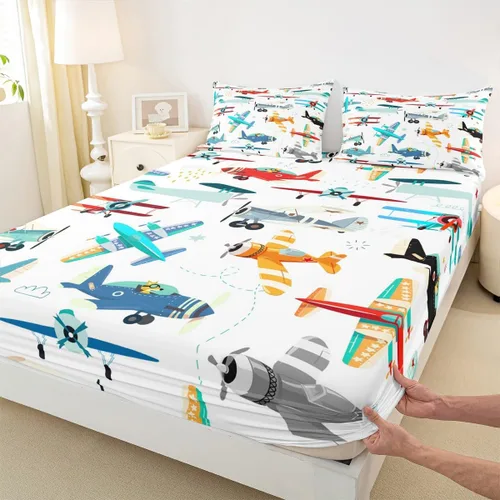 Miniatura 4 de Erosebridal Juego de sábanas de avión para niños, tamaño individual, color amarillo, rojo, verde azulado, con estampado de aviones de dibujos
